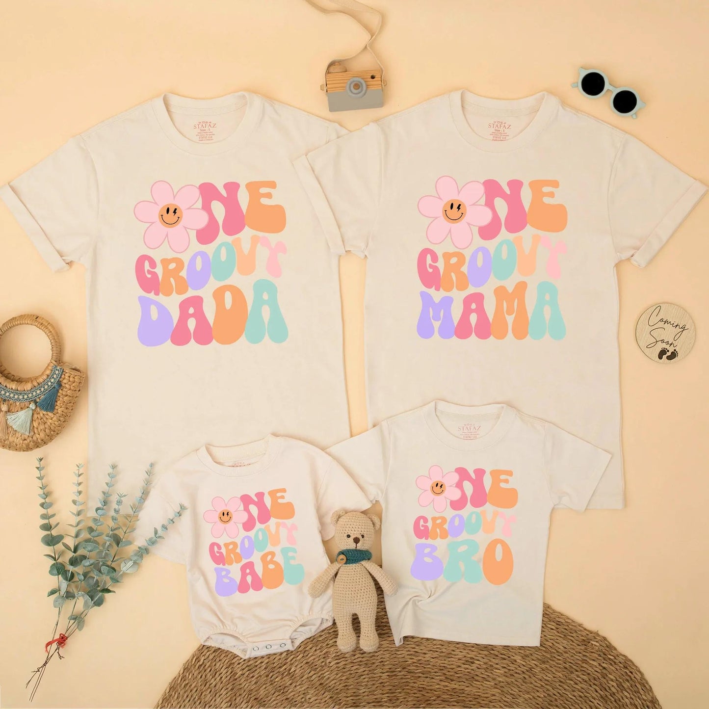 Matching One Groovy Babe Birthday Family Shirts, Groovy First Birthday Girl Outfit, Mama & Daddy Retro Pastel T-shirt, Smash Cake Set