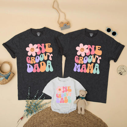 Matching One Groovy Babe Birthday Family Shirts, Groovy First Birthday Girl Outfit, Mama & Daddy Retro Pastel T-shirt, Smash Cake Set
