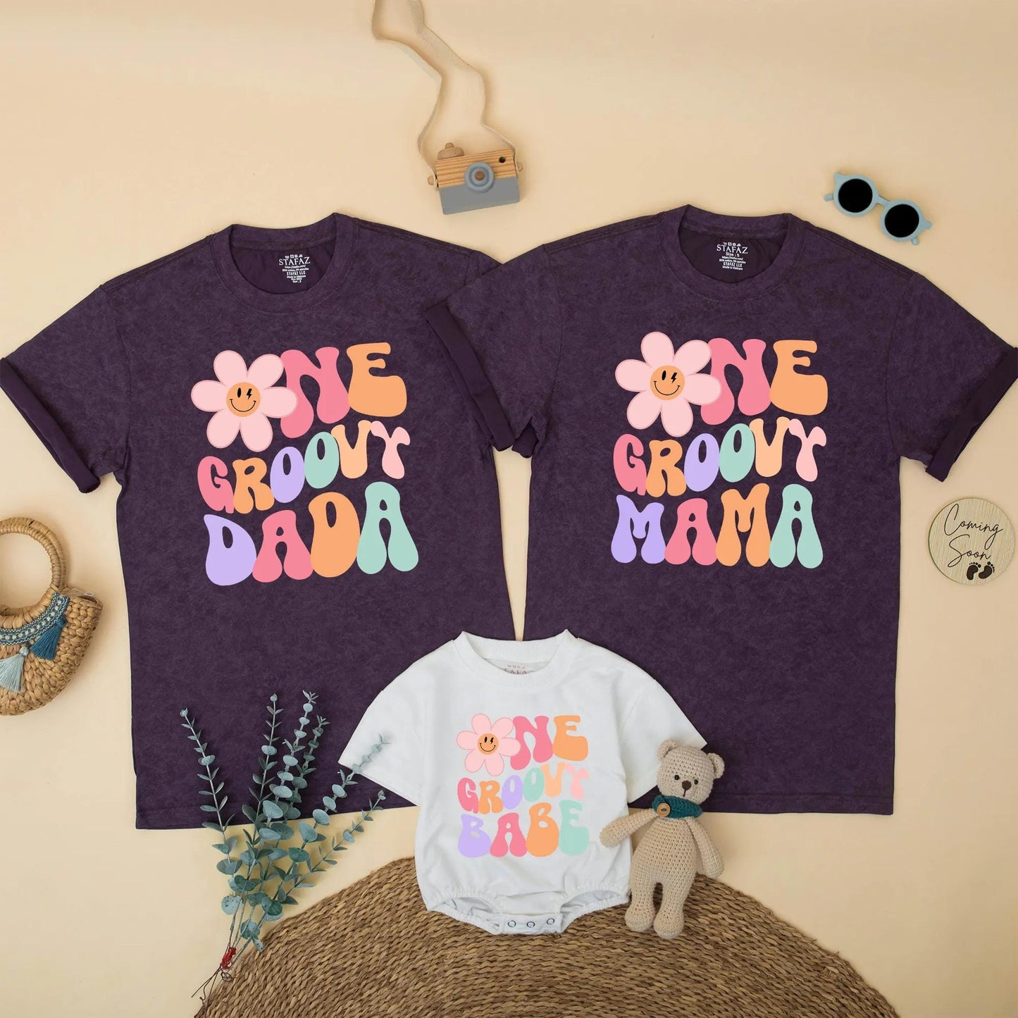 Matching One Groovy Babe Birthday Family Shirts, Groovy First Birthday Girl Outfit, Mama & Daddy Retro Pastel T-shirt, Smash Cake Set