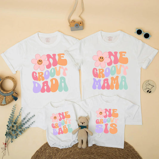 Matching One Groovy Babe Birthday Family Shirts, Groovy First Birthday Girl Outfit, Mama & Daddy Retro Pastel T-shirt, Smash Cake Set