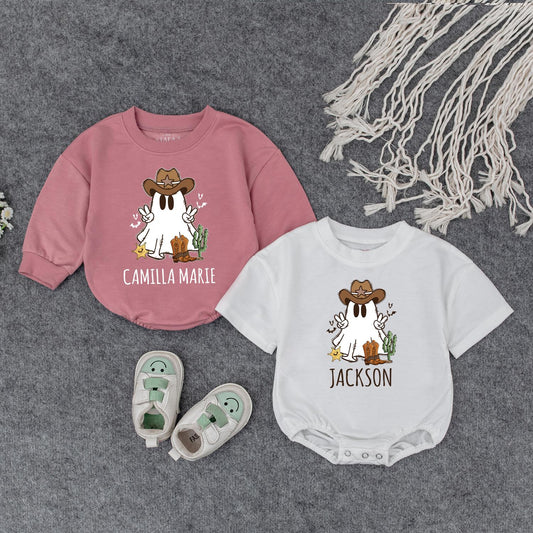 Whimsical Cowboy Ghost Baby Outfit Personalized Halloween Kids Custom Name Bodysuit Fall Toddler Sweatshirt