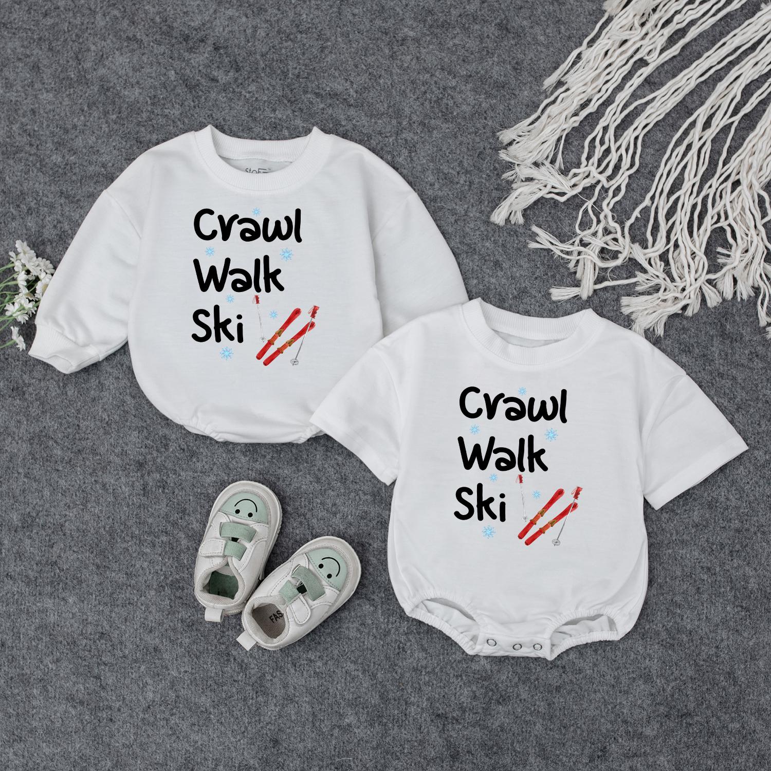 Crawl Walk Ski Baby's First Christmas Bodysuit Outfit, Funny Winter Skiing Clothes for Toddler, Cute Snowflakes Ski Gift, Comfy Cotton Infant Sweatshirt