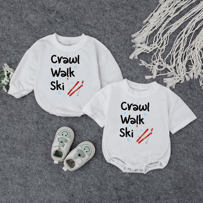 Crawl Walk Ski Baby's First Christmas Bodysuit Outfit, Funny Winter Skiing Clothes for Toddler, Cute Snowflakes Ski Gift, Comfy Cotton Infant Sweatshirt