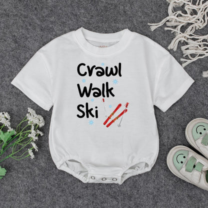 Crawl Walk Ski Baby's First Christmas Bodysuit Outfit, Funny Winter Skiing Clothes for Toddler, Cute Snowflakes Ski Gift, Comfy Cotton Infant Sweatshirt
