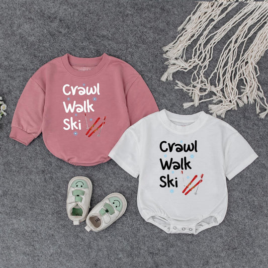 Crawl Walk Ski Baby's First Christmas Bodysuit Outfit, Funny Winter Skiing Clothes for Toddler, Cute Snowflakes Ski Gift, Comfy Cotton Infant Sweatshirt