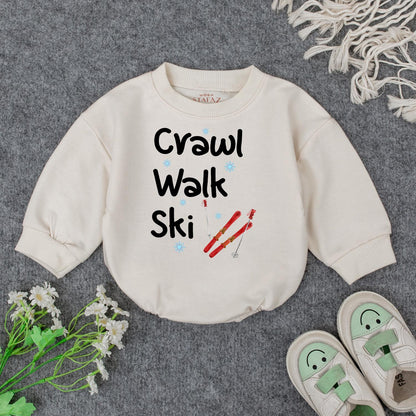 Crawl Walk Ski Baby's First Christmas Bodysuit Outfit, Funny Winter Skiing Clothes for Toddler, Cute Snowflakes Ski Gift, Comfy Cotton Infant Sweatshirt