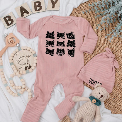 Black Cat Baby Bodysuit, Halloween Newborn Outfit with Cute Cartoon Cat Faces, Funny Baby Shower Gift for Cat Lovers