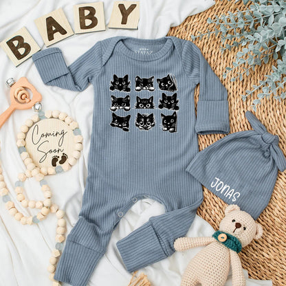 Black Cat Baby Bodysuit, Halloween Newborn Outfit with Cute Cartoon Cat Faces, Funny Baby Shower Gift for Cat Lovers
