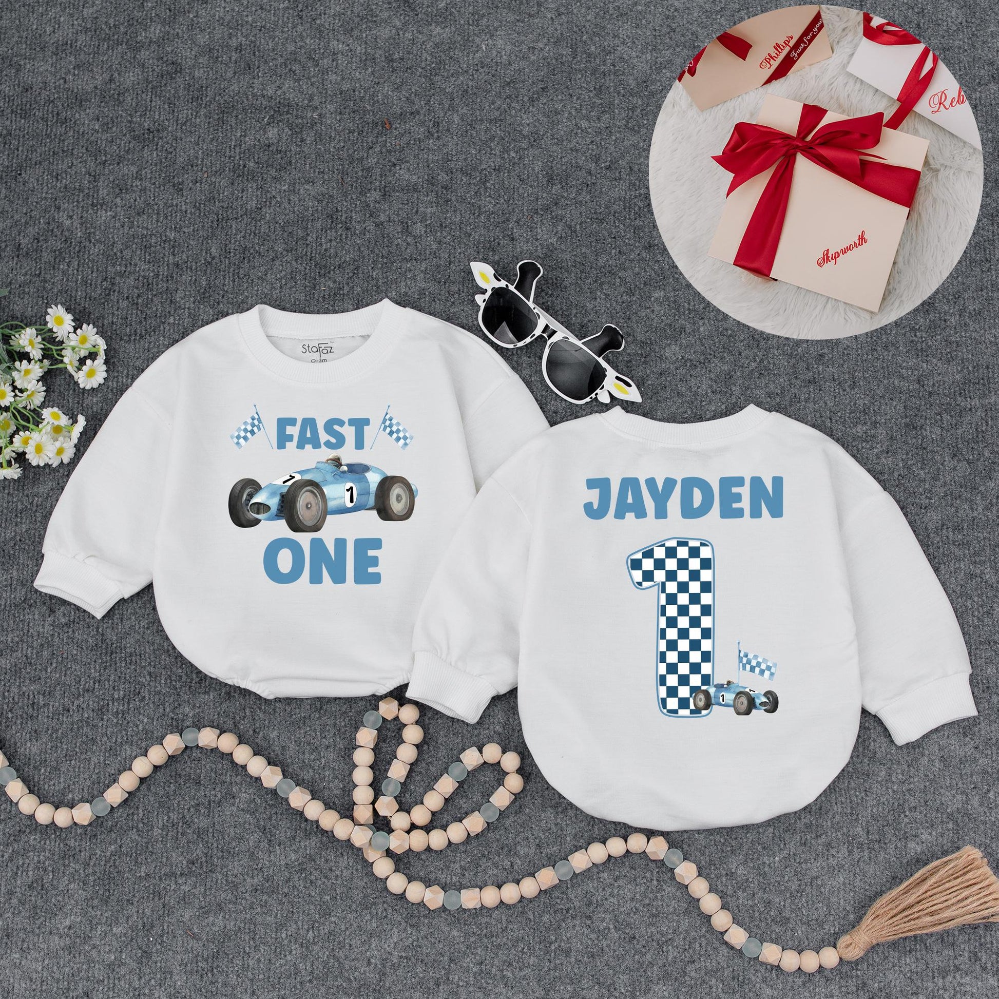 Jayden's Fast One Race Car 1st Birthday Outfit! Custom Name Racing Sweatshirt, Blue & White Checkered First Birthday Party Clothes for a Boy (137 chars)