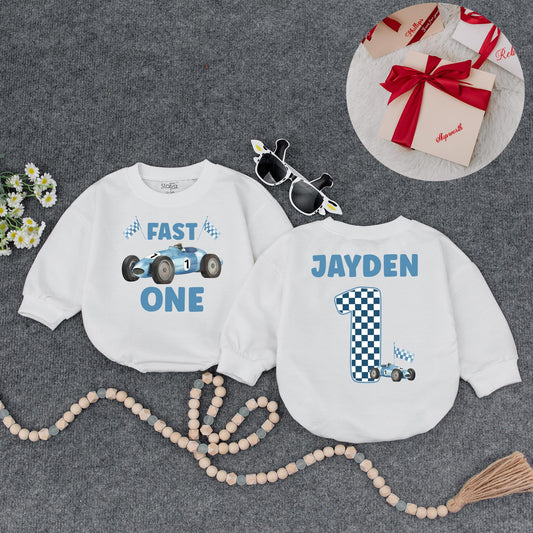 Jayden's Fast One Race Car 1st Birthday Outfit! Custom Name Racing Sweatshirt, Blue & White Checkered First Birthday Party Clothes for a Boy (137 chars)