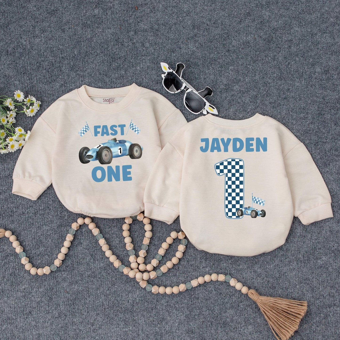 Jayden's Fast One Race Car 1st Birthday Outfit! Custom Name Racing Sweatshirt, Blue & White Checkered First Birthday Party Clothes for a Boy (137 chars)