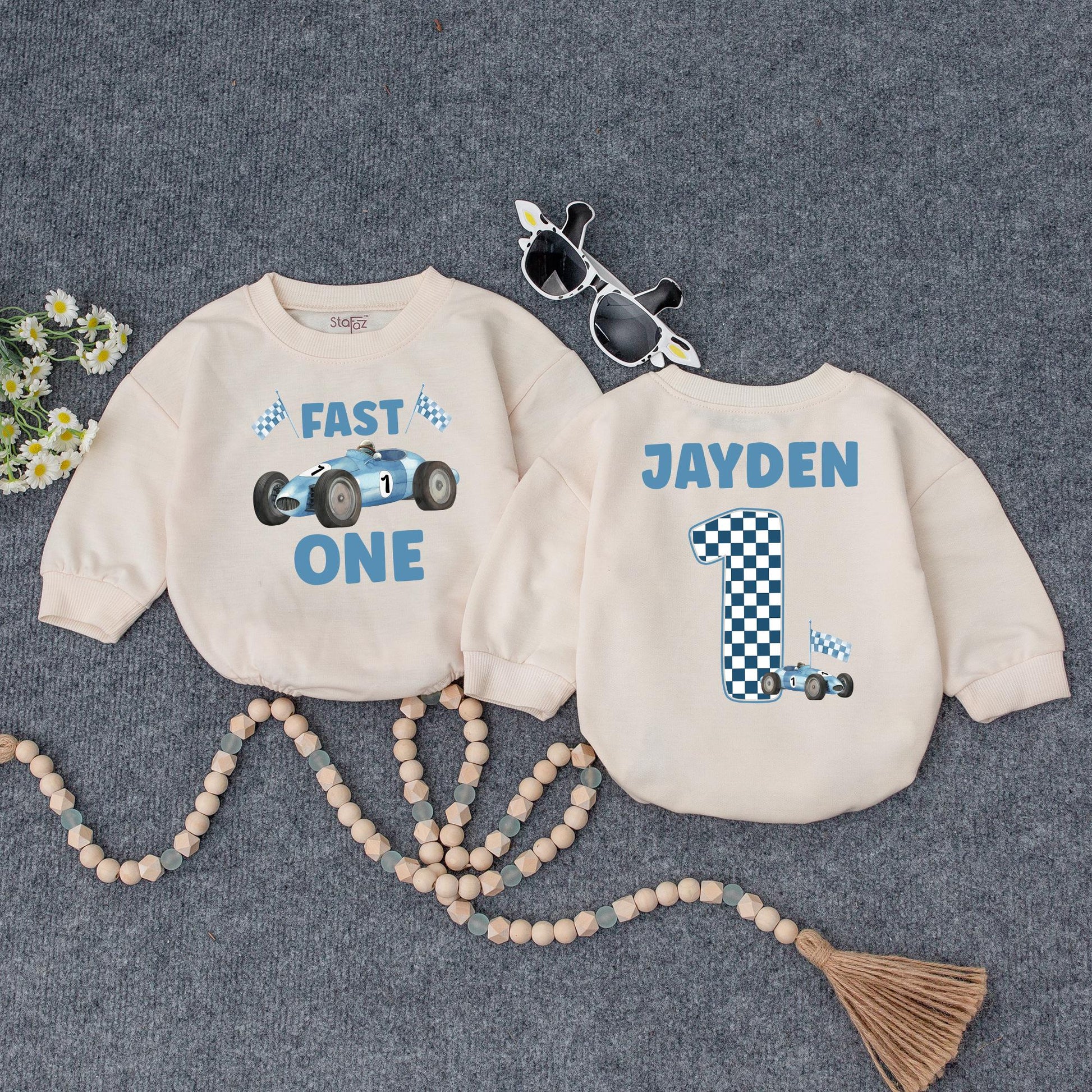 Jayden's Fast One Race Car 1st Birthday Outfit! Custom Name Racing Sweatshirt, Blue & White Checkered First Birthday Party Clothes for a Boy (137 chars)