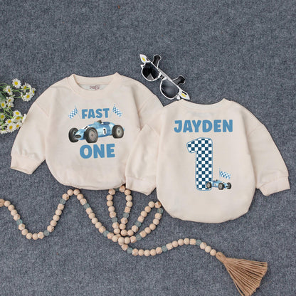 Jayden's Fast One Race Car 1st Birthday Outfit! Custom Name Racing Sweatshirt, Blue & White Checkered First Birthday Party Clothes for a Boy (137 chars)
