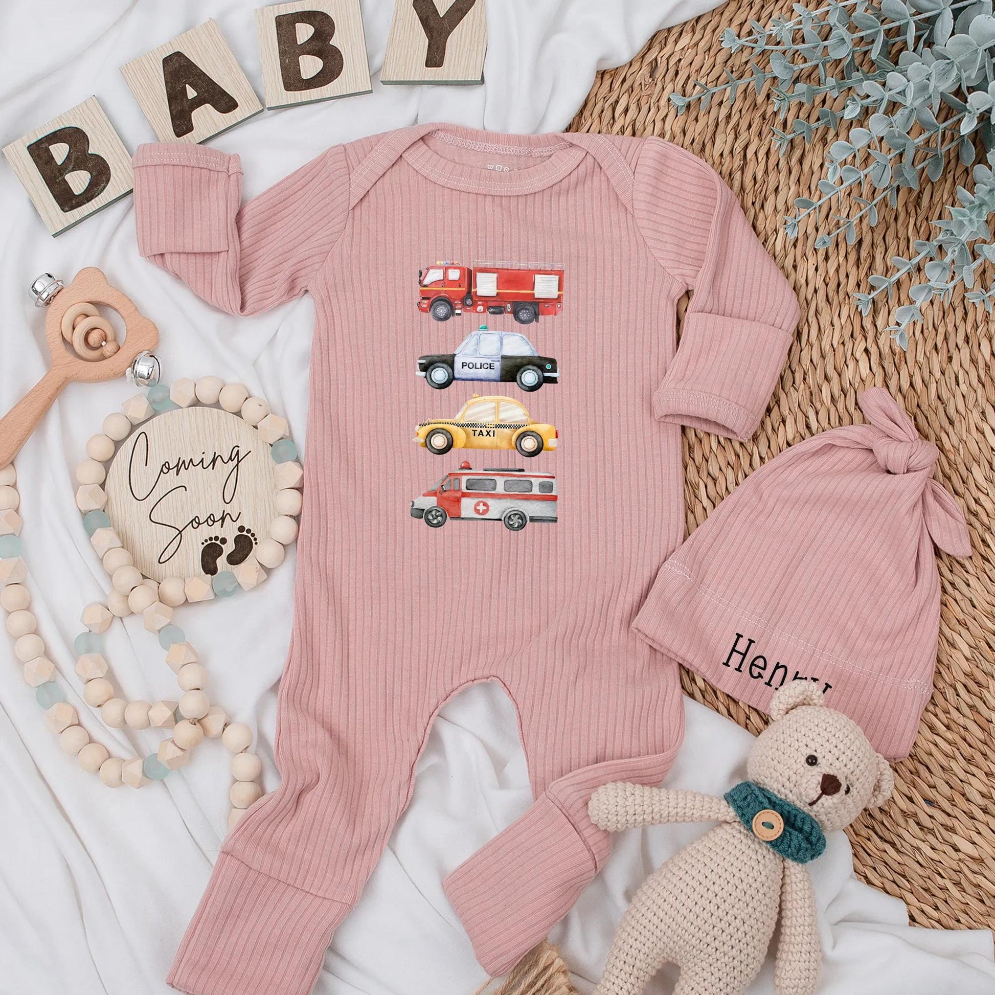 Emergency Vehicles Baby Bodysuit, Watercolor Fire Truck Police Taxi Ambulance Design, Cute Rescue Outfit for Baby Boy, Personalized Newborn Gift 138 chars