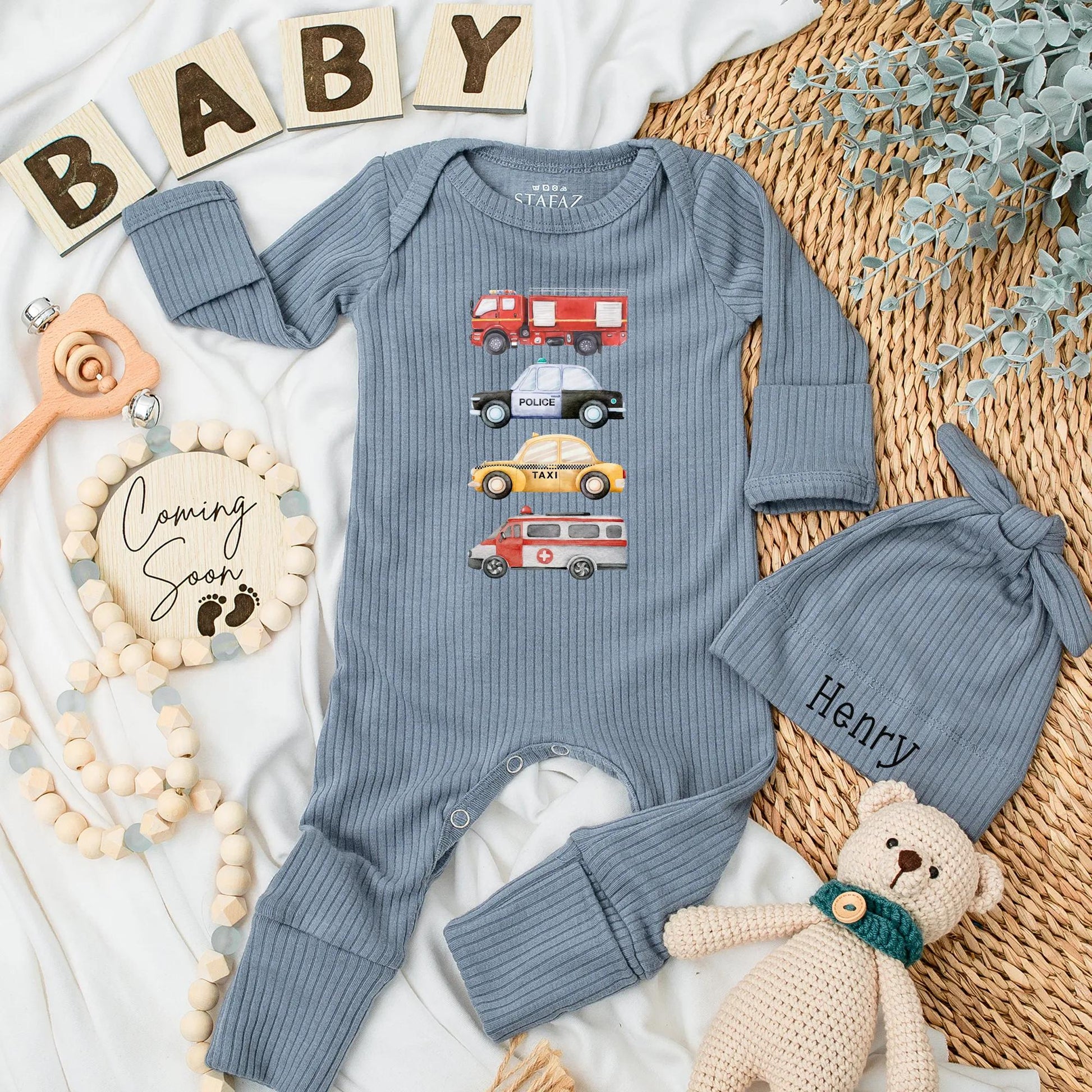 Emergency Vehicles Baby Bodysuit, Watercolor Fire Truck Police Taxi Ambulance Design, Cute Rescue Outfit for Baby Boy, Personalized Newborn Gift 138 chars