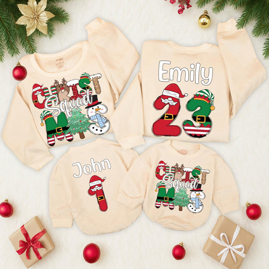 Personalized Christmas Squad Sweatshirts: Custom Family Matching Sweaters, Fun Holiday Character Crewneck, Reindeer Elf Snowman, Cute Baby Romper (138 chars)