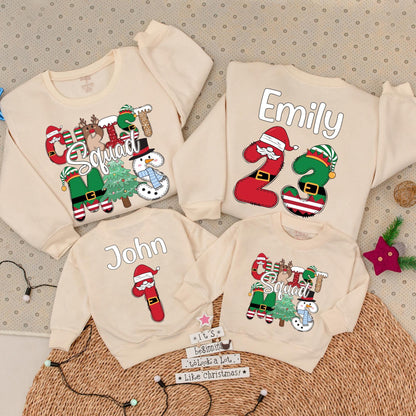 Personalized Christmas Squad Sweatshirts: Custom Family Matching Sweaters, Fun Holiday Character Crewneck, Reindeer Elf Snowman, Cute Baby Romper (138 chars)