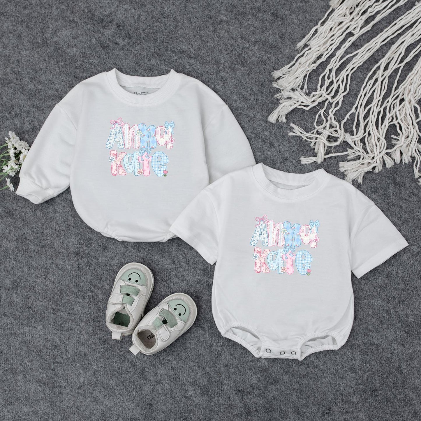 Anna Kate Floral Initial Baby Outfit: Custom Name Sweatshirt Romper, Personalized Birthday Gift Clothes, Cute Pastel Flower Letter Toddler Apparel Girl 139