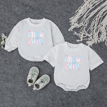 Anna Kate Floral Initial Baby Outfit: Custom Name Sweatshirt Romper, Personalized Birthday Gift Clothes, Cute Pastel Flower Letter Toddler Apparel Girl 139