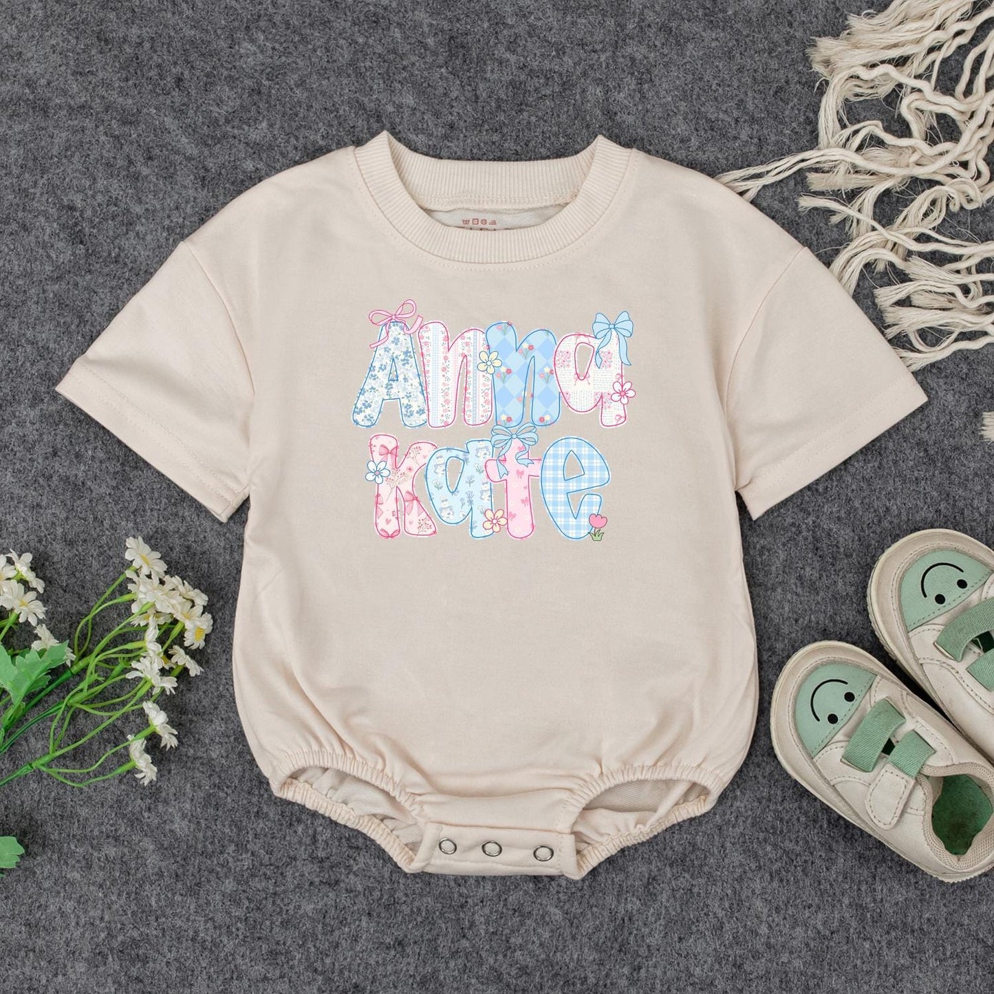 Anna Kate Floral Initial Baby Outfit: Custom Name Sweatshirt Romper, Personalized Birthday Gift Clothes, Cute Pastel Flower Letter Toddler Apparel Girl 139