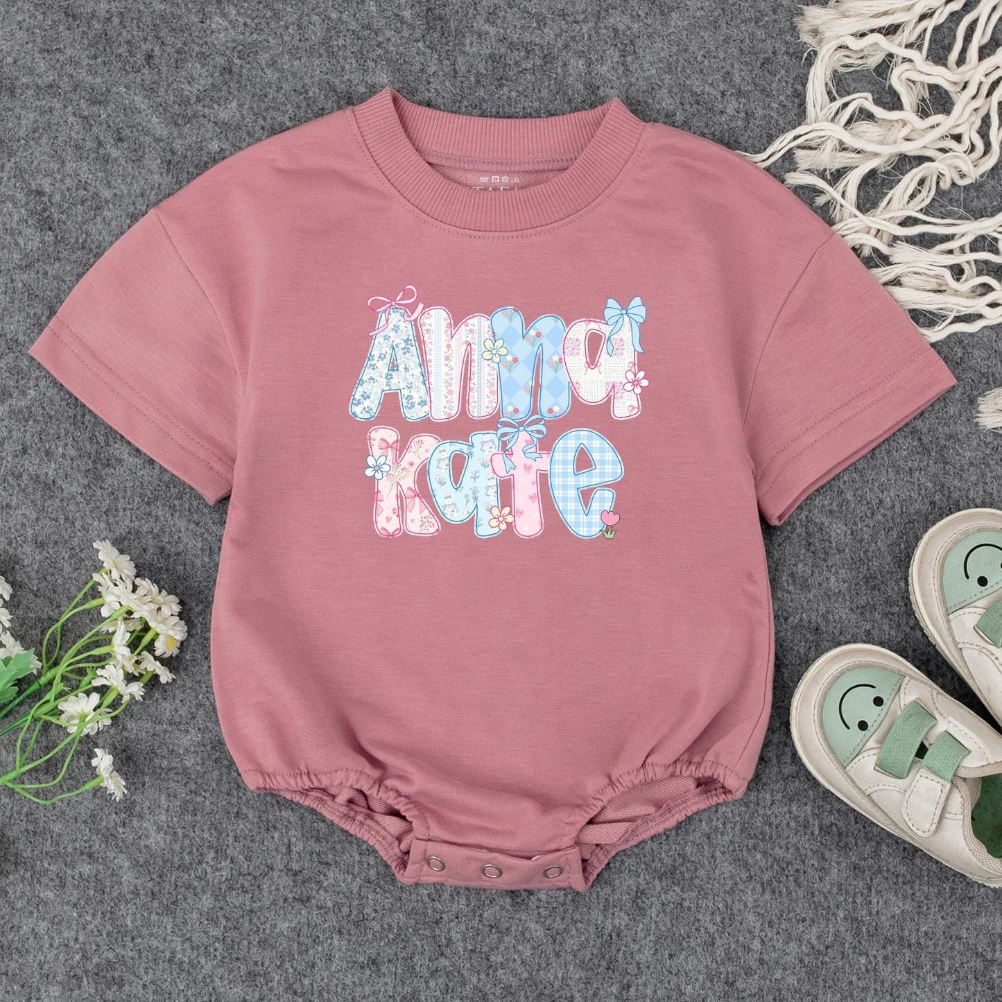 Anna Kate Floral Initial Baby Outfit: Custom Name Sweatshirt Romper, Personalized Birthday Gift Clothes, Cute Pastel Flower Letter Toddler Apparel Girl 139
