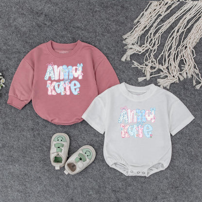 Anna Kate Floral Initial Baby Outfit: Custom Name Sweatshirt Romper, Personalized Birthday Gift Clothes, Cute Pastel Flower Letter Toddler Apparel Girl 139