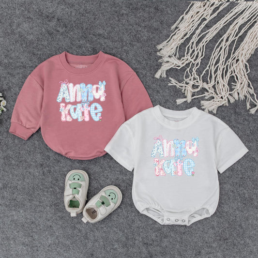 Anna Kate Floral Initial Baby Outfit: Custom Name Sweatshirt Romper, Personalized Birthday Gift Clothes, Cute Pastel Flower Letter Toddler Apparel Girl 139