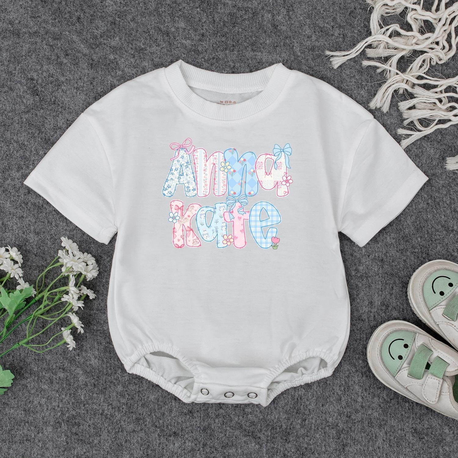Anna Kate Floral Initial Baby Outfit: Custom Name Sweatshirt Romper, Personalized Birthday Gift Clothes, Cute Pastel Flower Letter Toddler Apparel Girl 139