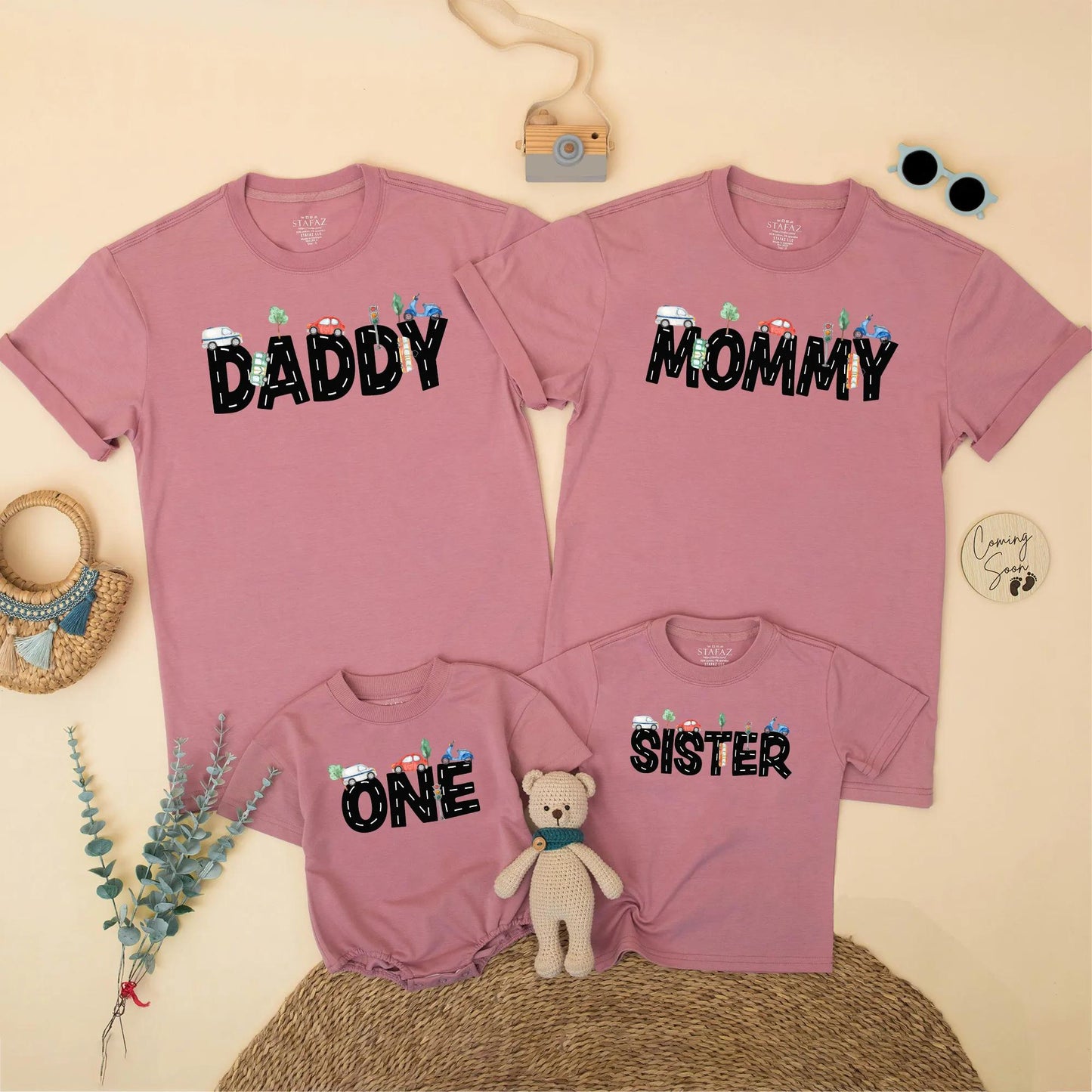 Transportation Birthday Family Matching Shirts Mom Dad Boy, Road Pattern Cars Scooter Design Bright Blue Red Green Whimsical 1st 2nd Birthday Party Gift