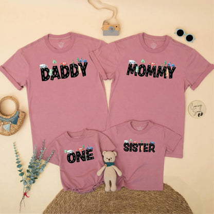 Transportation Birthday Family Matching Shirts Mom Dad Boy, Road Pattern Cars Scooter Design Bright Blue Red Green Whimsical 1st 2nd Birthday Party Gift