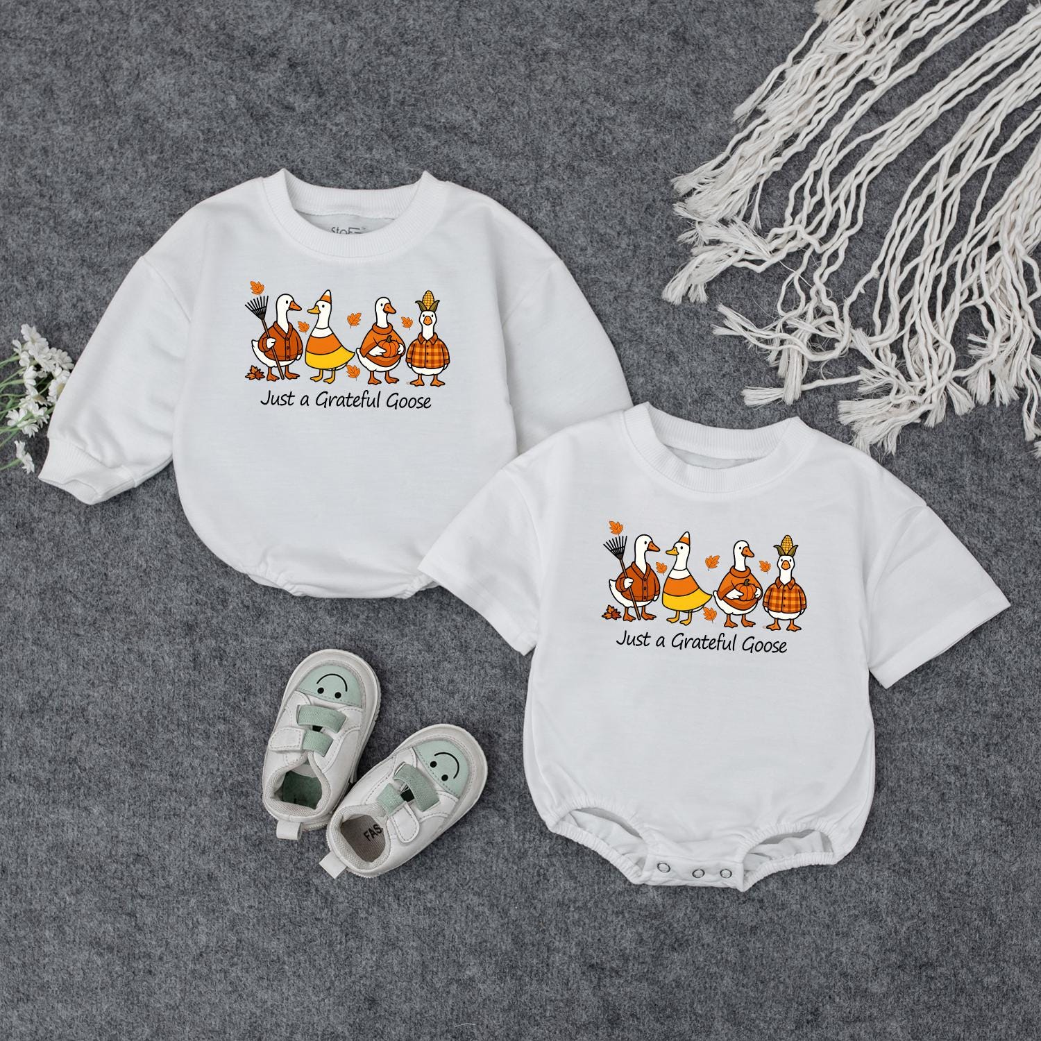 Just a Grateful Goose Baby Sweatshirt Adorable Fall Thanksgiving Toddler Outfit Autumn Geese Kids Clothing Cute Whimsical Pumpkin Design