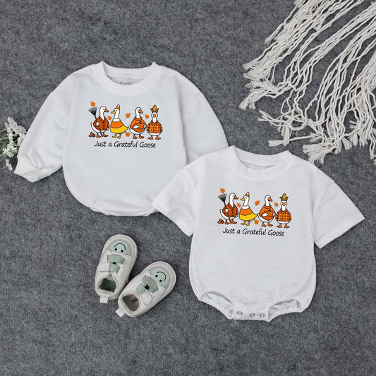 Just a Grateful Goose Baby Sweatshirt Adorable Fall Thanksgiving Toddler Outfit Autumn Geese Kids Clothing Cute Whimsical Pumpkin Design