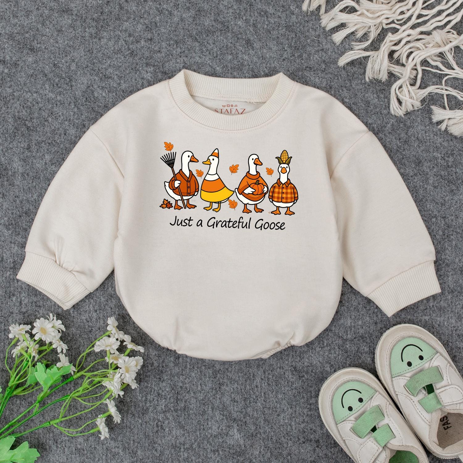 Just a Grateful Goose Baby Sweatshirt Adorable Fall Thanksgiving Toddler Outfit Autumn Geese Kids Clothing Cute Whimsical Pumpkin Design