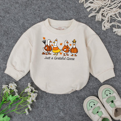 Just a Grateful Goose Baby Sweatshirt Adorable Fall Thanksgiving Toddler Outfit Autumn Geese Kids Clothing Cute Whimsical Pumpkin Design