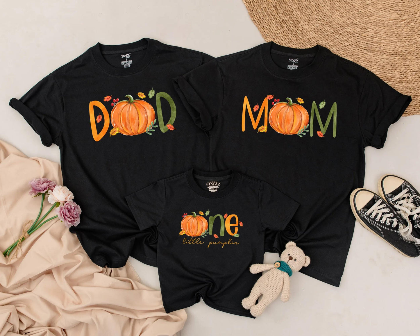 Personalized Little Pumpkin First Birthday Outfit Matching Family Fall Tees Whimsical Orange Pumpkins Green Lettering Autumn Leaves Berries