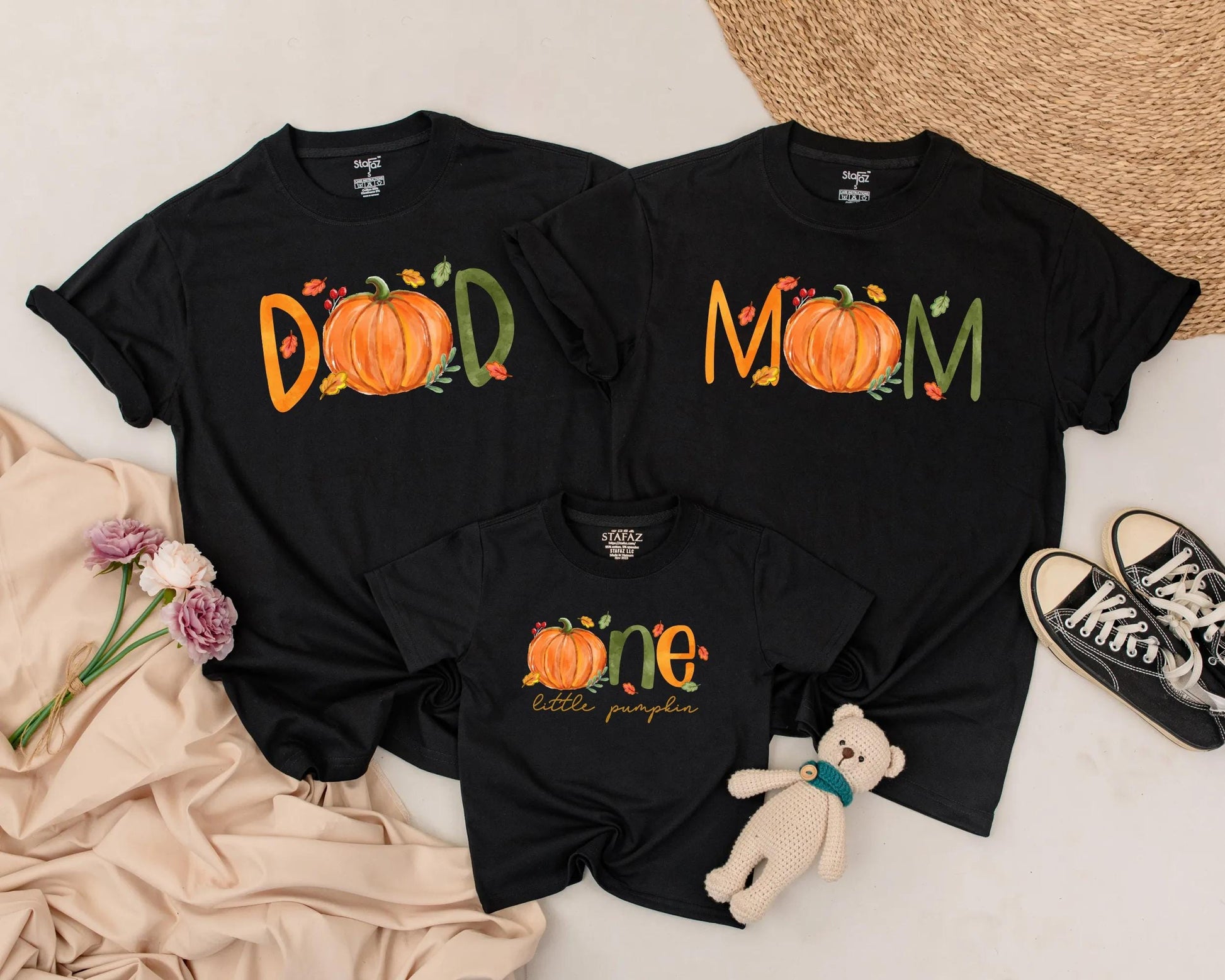 Personalized Little Pumpkin First Birthday Outfit Matching Family Fall Tees Whimsical Orange Pumpkins Green Lettering Autumn Leaves Berries