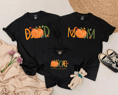 Personalized Little Pumpkin First Birthday Outfit Matching Family Fall Tees Whimsical Orange Pumpkins Green Lettering Autumn Leaves Berries