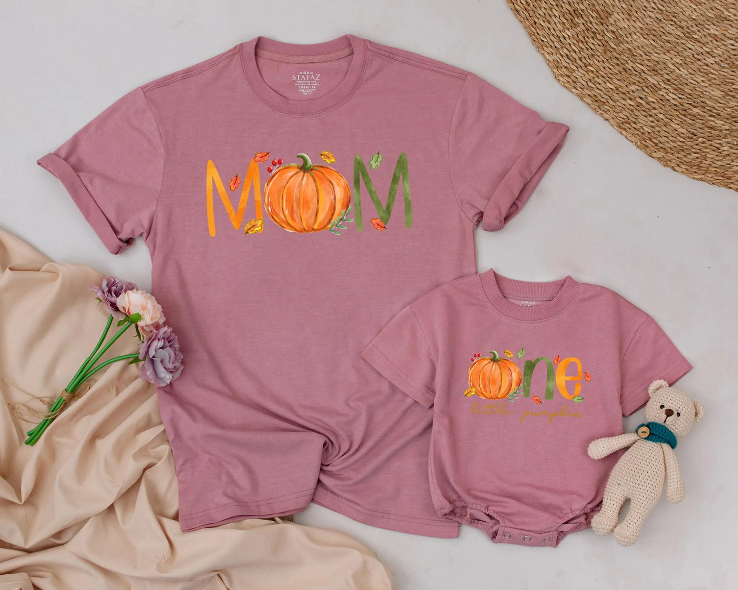 Personalized Little Pumpkin First Birthday Outfit Matching Family Fall Tees Whimsical Orange Pumpkins Green Lettering Autumn Leaves Berries