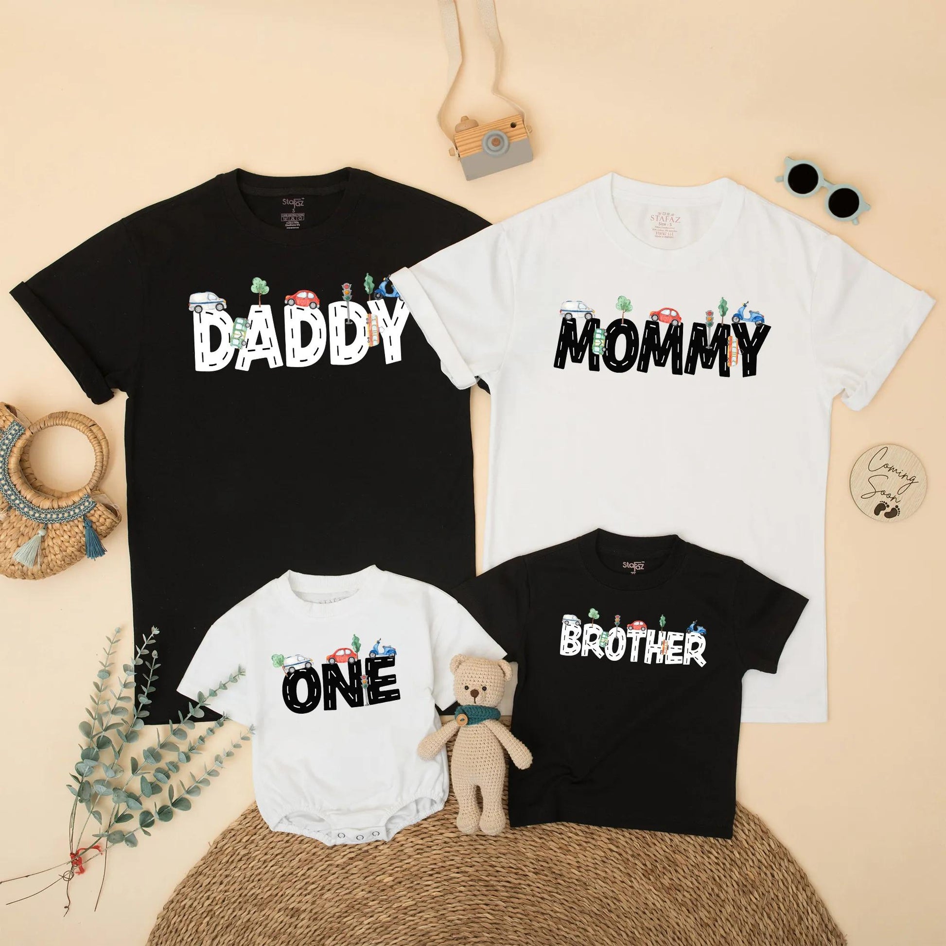 Transportation Birthday Family Matching Shirts Mom Dad Boy, Road Pattern Cars Scooter Design Bright Blue Red Green Whimsical 1st 2nd Birthday Party Gift
