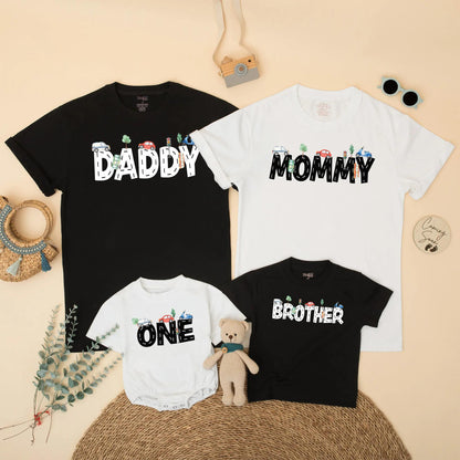 Transportation Birthday Family Matching Shirts Mom Dad Boy, Road Pattern Cars Scooter Design Bright Blue Red Green Whimsical 1st 2nd Birthday Party Gift