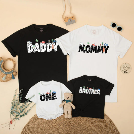 Transportation Birthday Family Matching Shirts Mom Dad Boy, Road Pattern Cars Scooter Design Bright Blue Red Green Whimsical 1st 2nd Birthday Party Gift