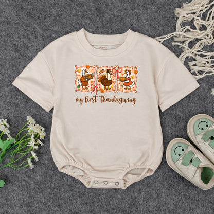 My First Thanksgiving Outfit Baby Turkey Sweatshirt Cute Cartoon Duck Infant Clothes Fall Toddler Shirt, Adorable Autumn Holiday Gift Idea, 135 Chars