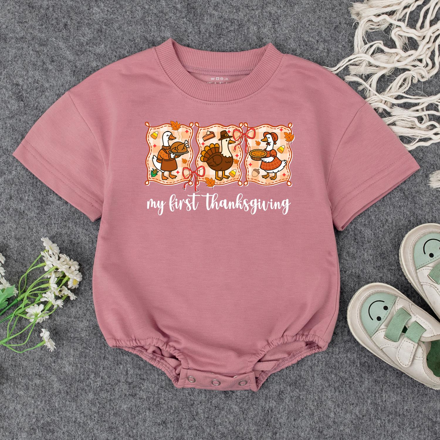 My First Thanksgiving Outfit Baby Turkey Sweatshirt Cute Cartoon Duck Infant Clothes Fall Toddler Shirt, Adorable Autumn Holiday Gift Idea, 135 Chars