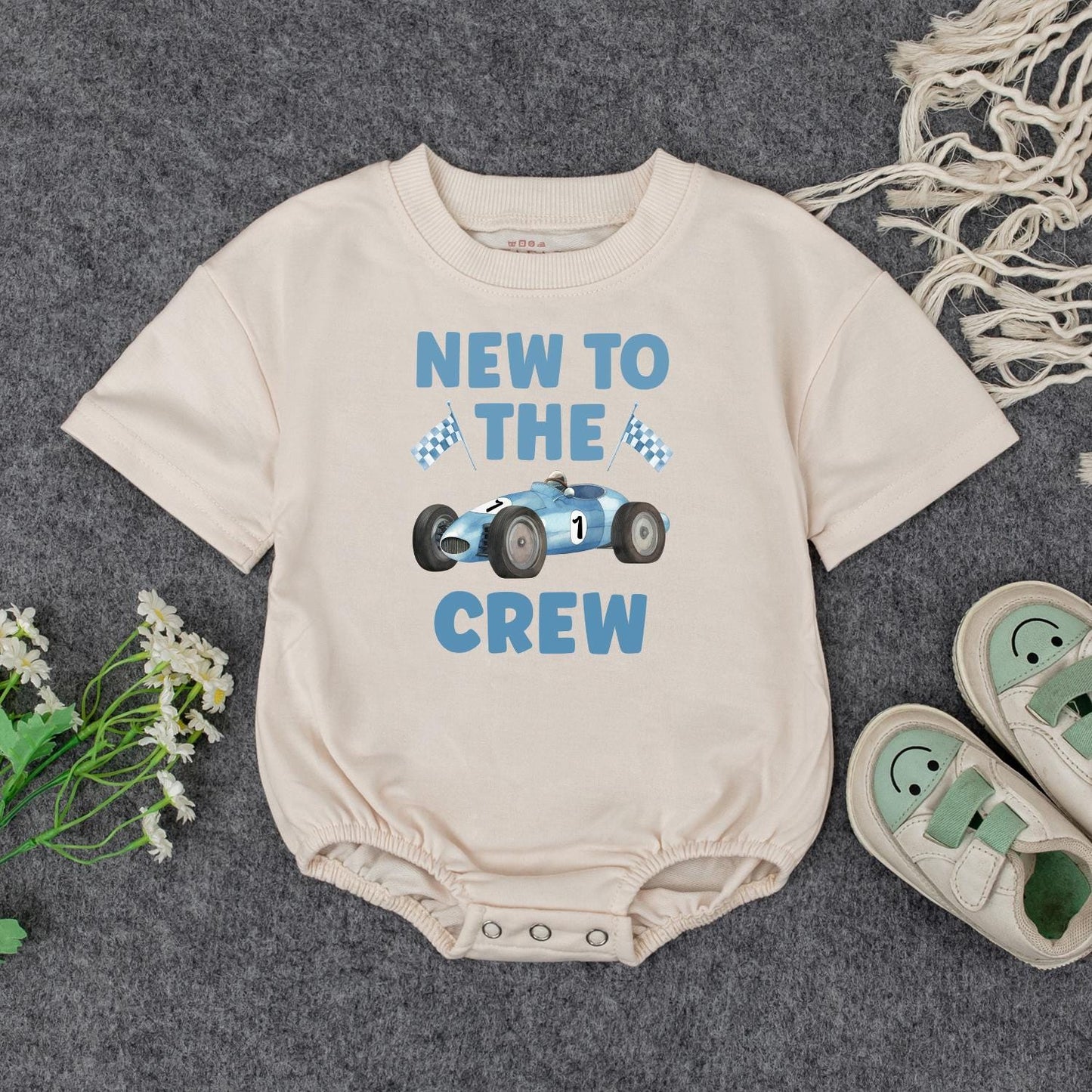 New to the Crew Baby Bodysuit Race Car Outfit Infant Coming Home Clothes Boy Girl Shower Gift Toddler Shirt Cute Playful Design