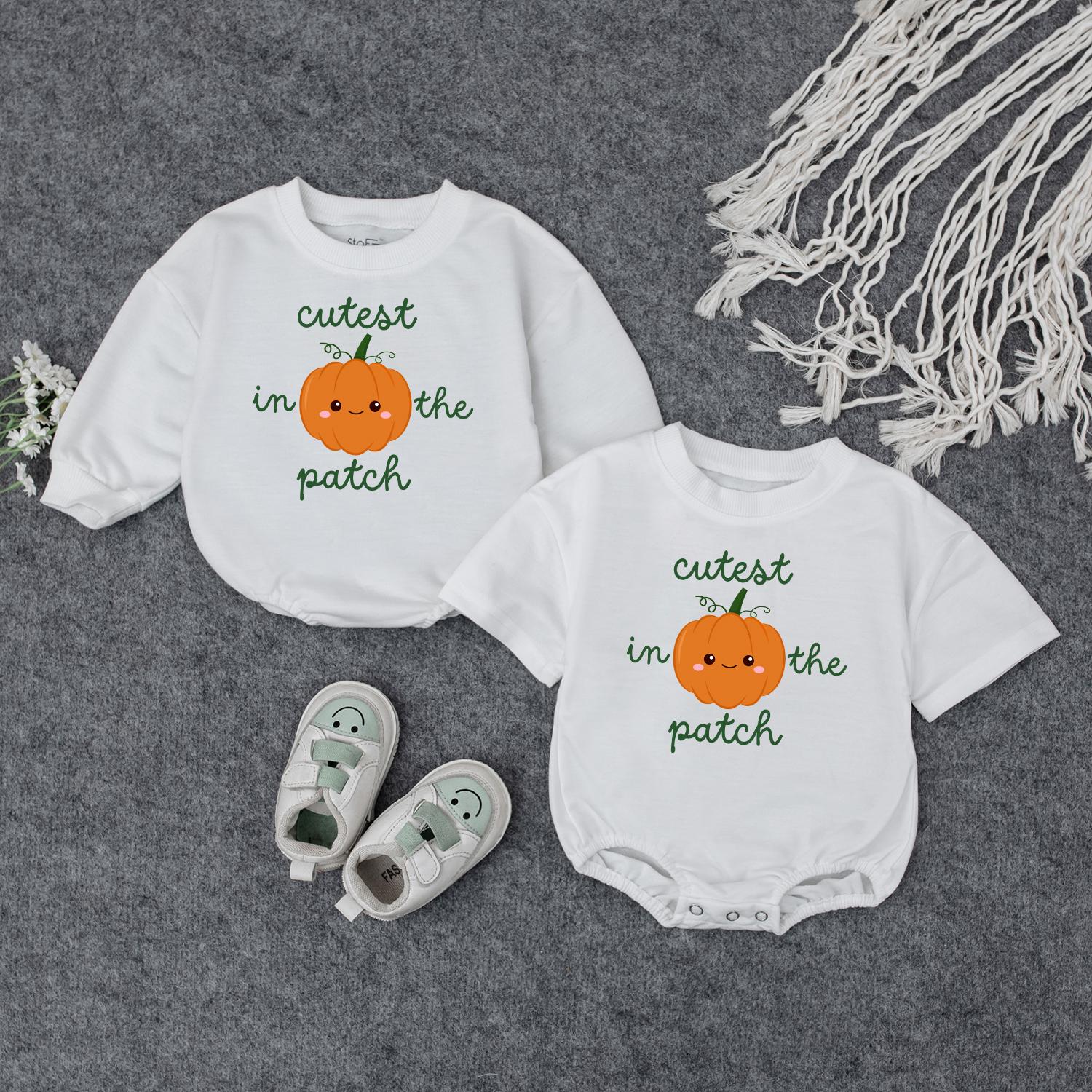 Adorable Baby Fall Pumpkin Sweatshirt Cutest In The Patch Smiling Orange Pumpkin Whimsical Green Text Toddler Autumn Halloween Gift