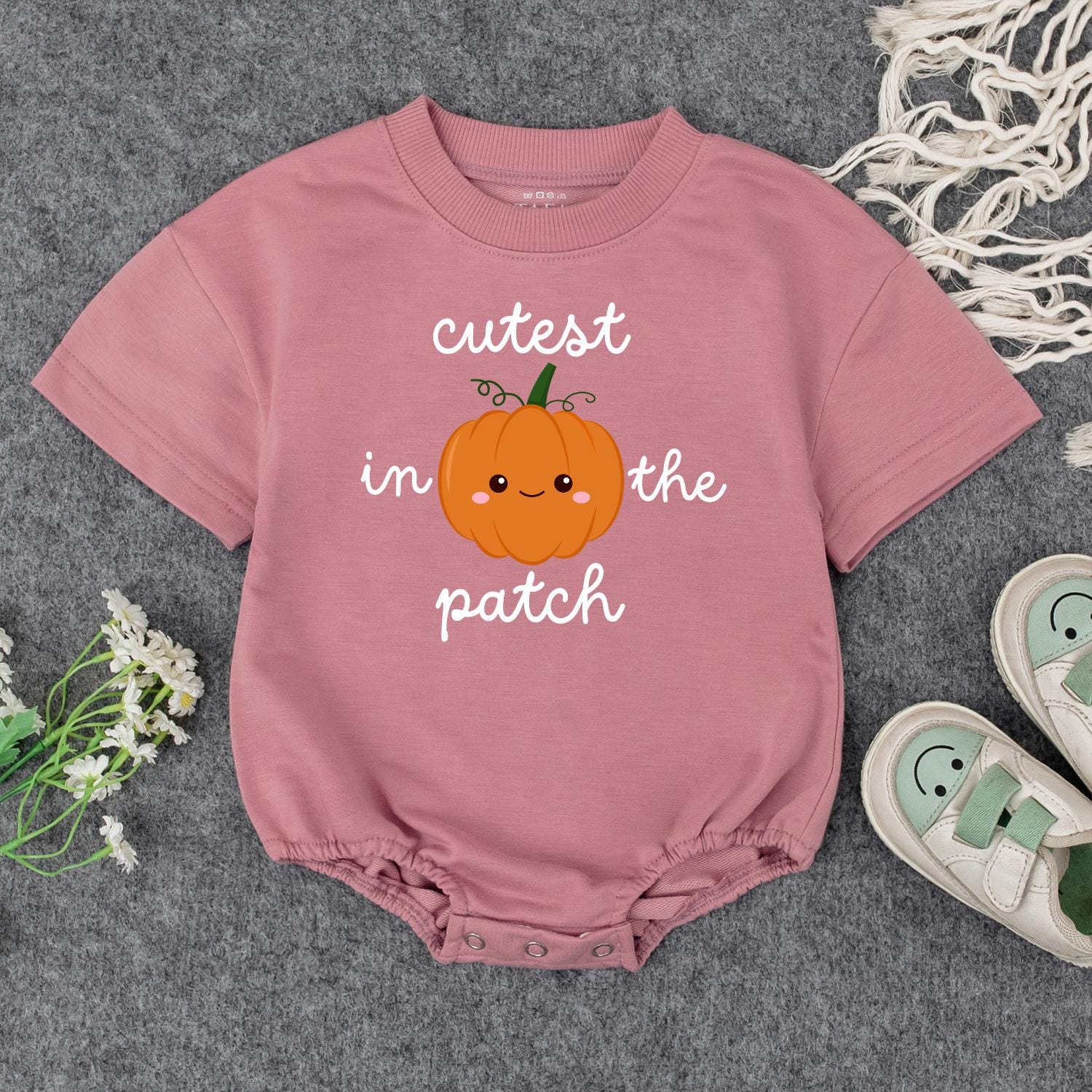 Adorable Baby Fall Pumpkin Sweatshirt Cutest In The Patch Smiling Orange Pumpkin Whimsical Green Text Toddler Autumn Halloween Gift