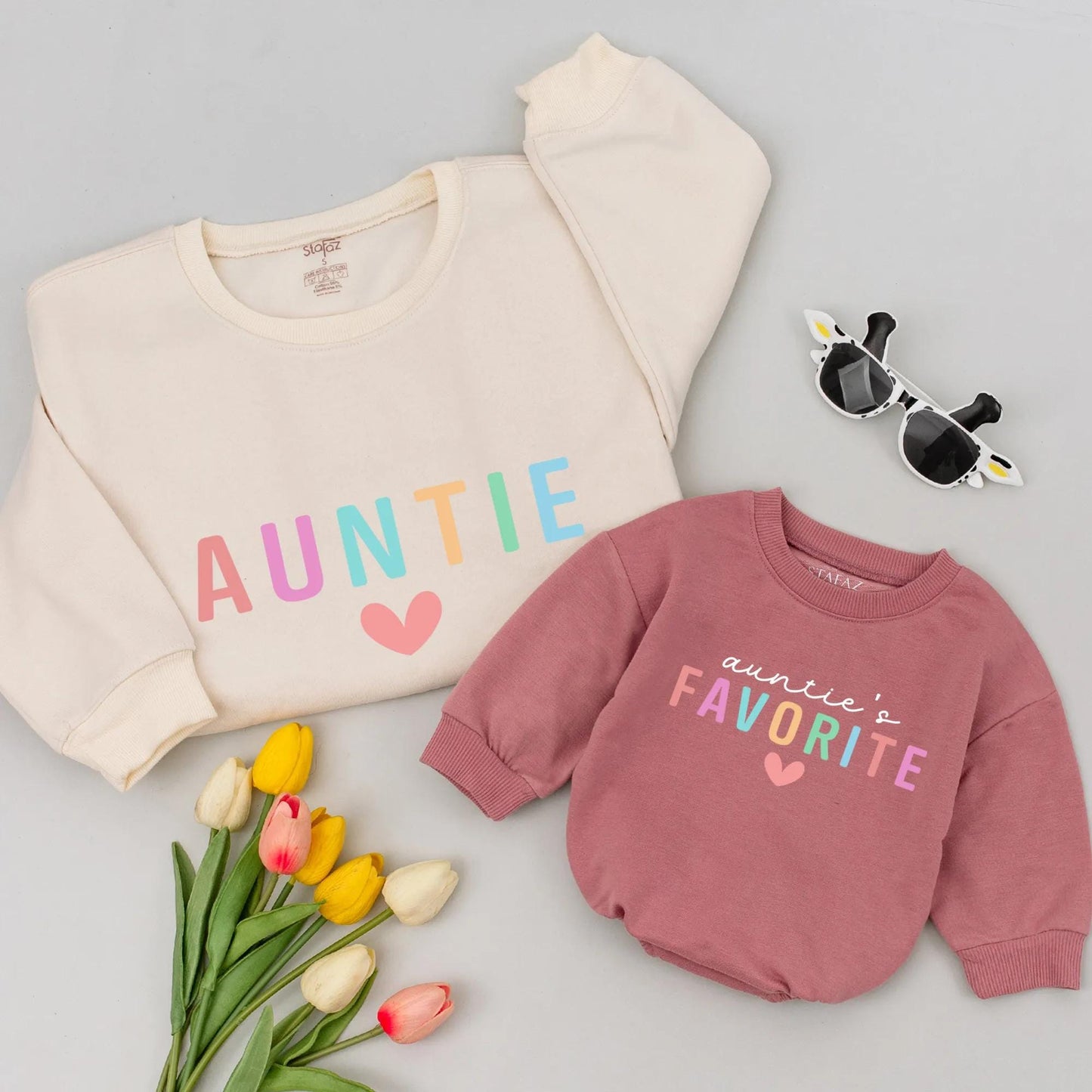 Personalized Auntie's Favorite Sweatshirt with Playful Pastel Letters and Heart, Gift for New Aunt, Auntie Me Matching Shirt, Soft Comfortable