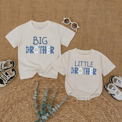 Big Brother Middle Brother Little Brother Matching Outfit, Denim Patchwork Brother Shirts, New Baby Announcement Gift, Sibling Photo Outfit (138 chars)