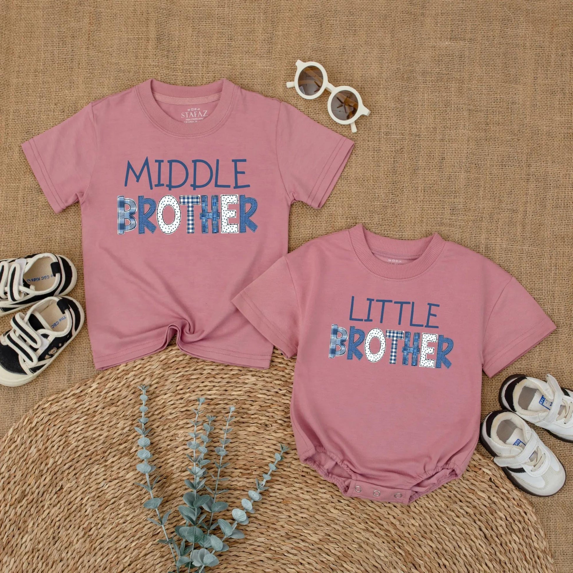 Big Brother Middle Brother Little Brother Matching Outfit, Denim Patchwork Brother Shirts, New Baby Announcement Gift, Sibling Photo Outfit (138 chars)