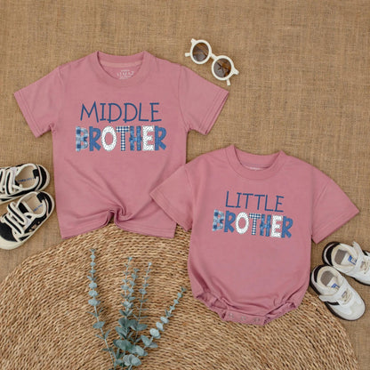 Big Brother Middle Brother Little Brother Matching Outfit, Denim Patchwork Brother Shirts, New Baby Announcement Gift, Sibling Photo Outfit (138 chars)